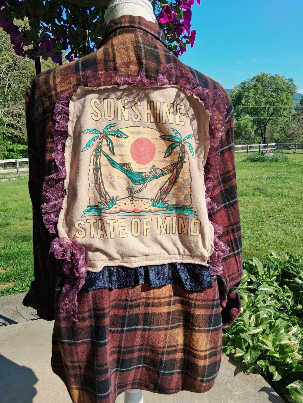 Upcycled Reworked Flannel Shirt XL Grunge Lace Soft Hippie Campfire  Boho OOAK